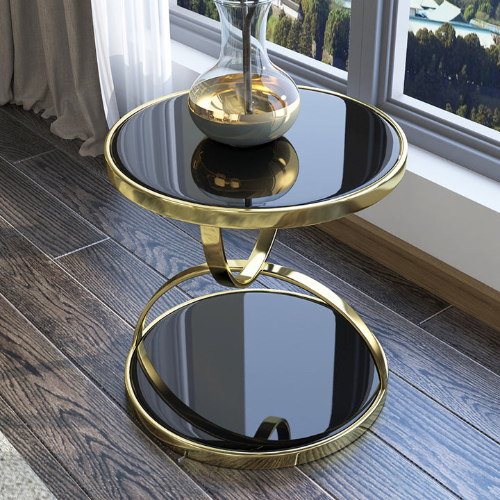 Homary Black Round Side Table Tempered Glass with Storage End Table in Gold