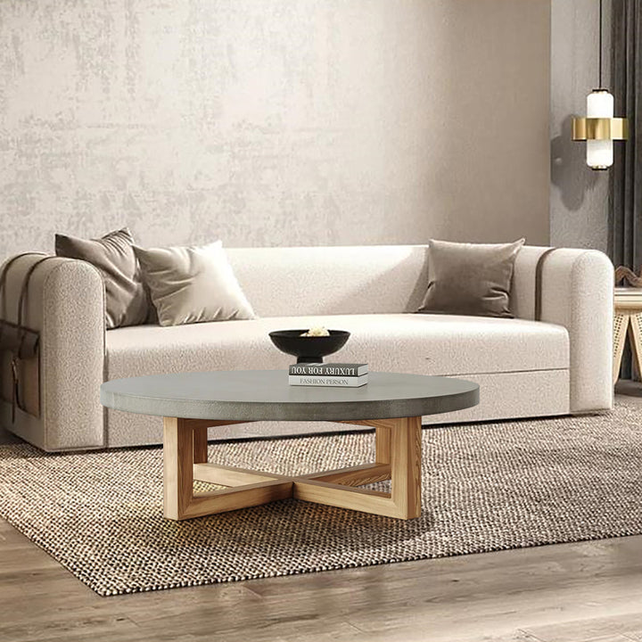 800mm Round Concrete Gray Coffee Table with Cross Legs Pine Wood Base