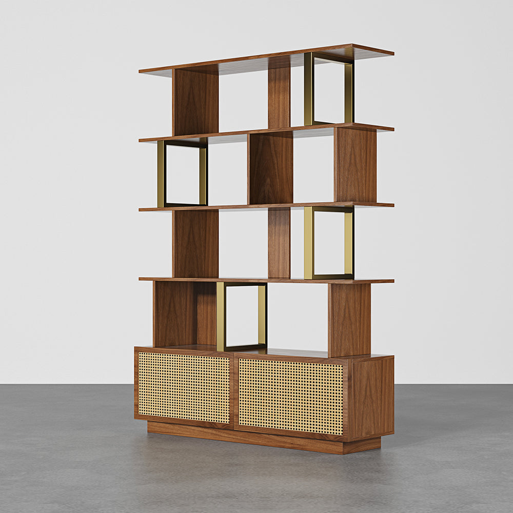 5-Tier Walnut Bookshelf with 2 Drawers Wooden Bookcase in Gold (64.8" High)