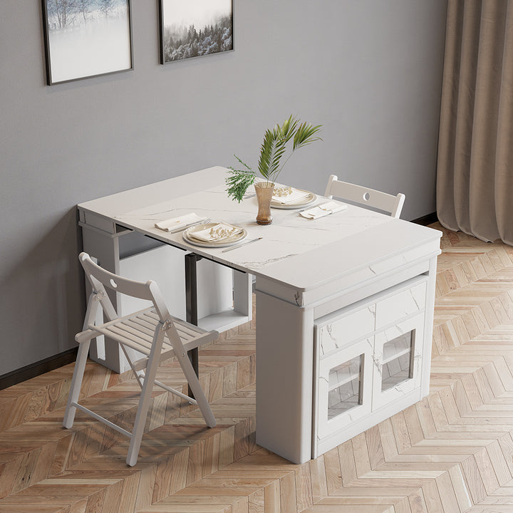 70.9" Rectangle Extendable Dining Table with Storage Sideboard for 4 Farmhouse White Folding Dining Room Table