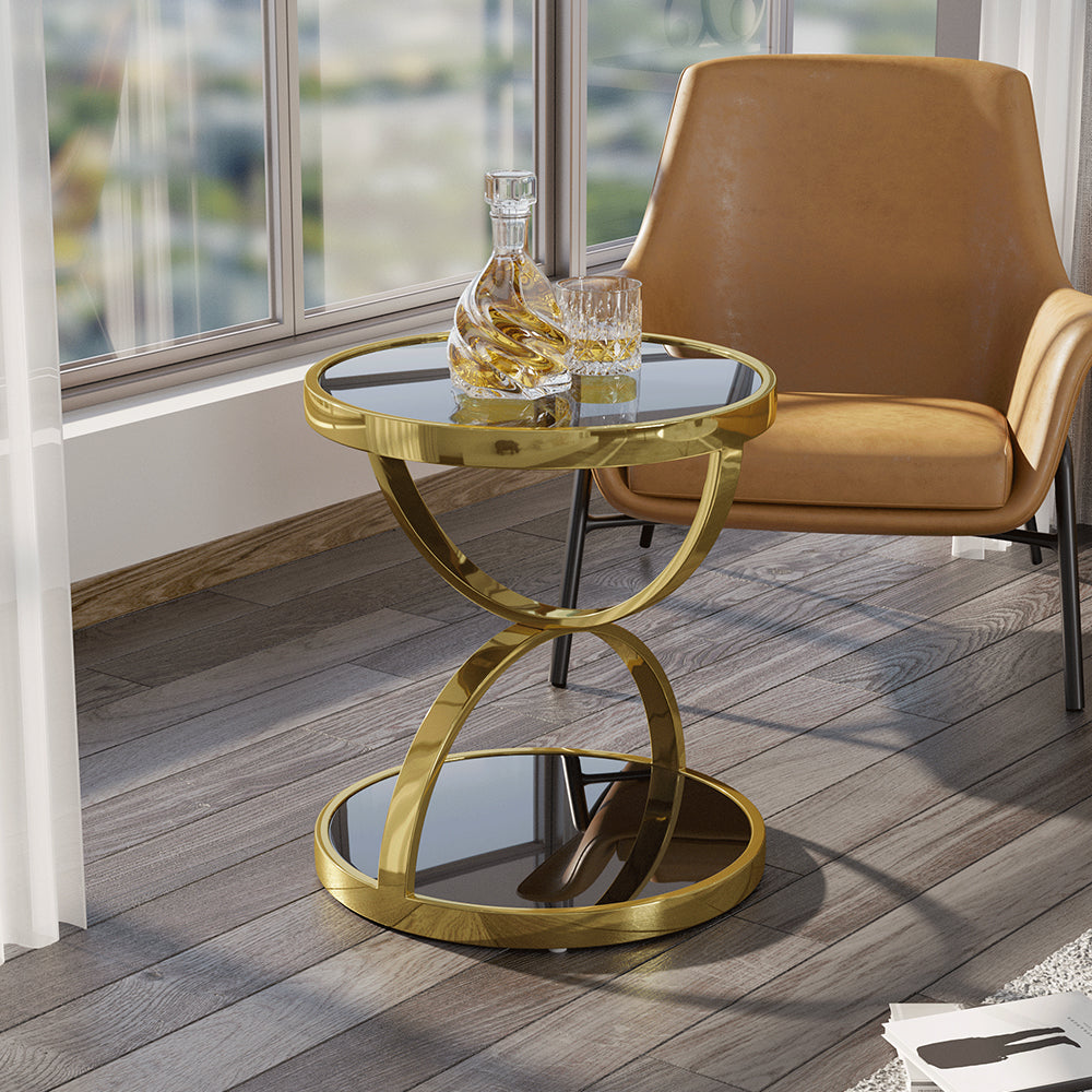 Homary Black Round Side Table Tempered Glass with Storage End Table in Gold