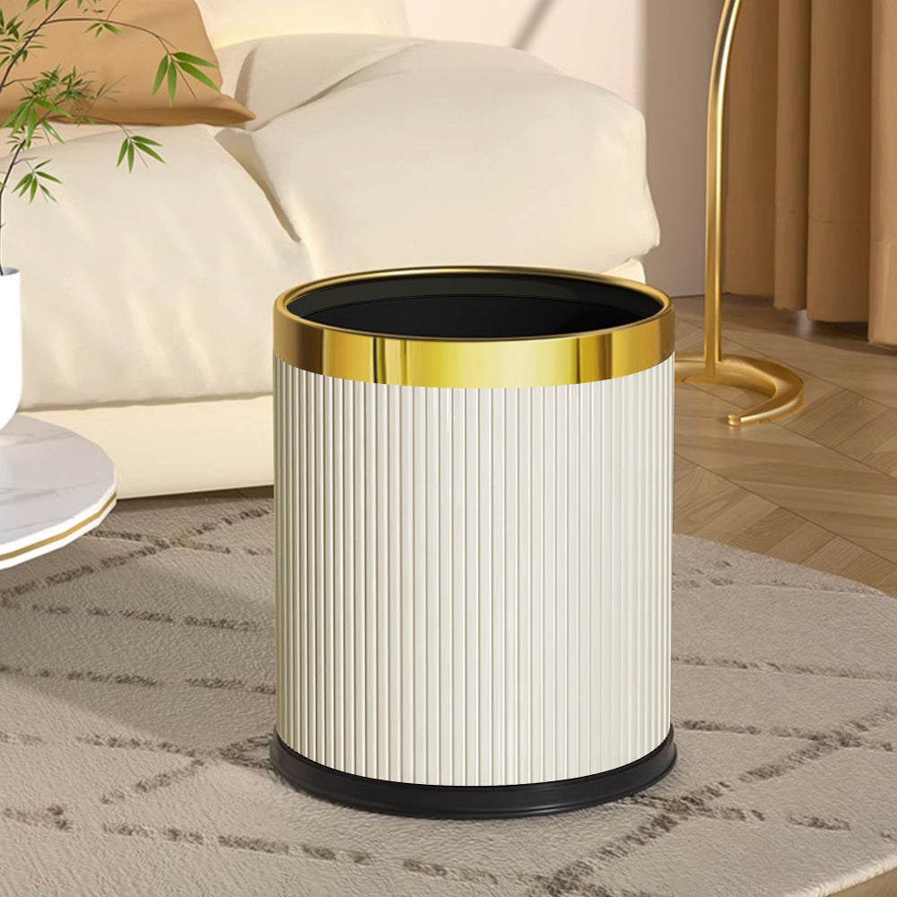 Gold & White Round Rubbish Bin Open Top PU Leather & Metal Garbage Can for Bathroom