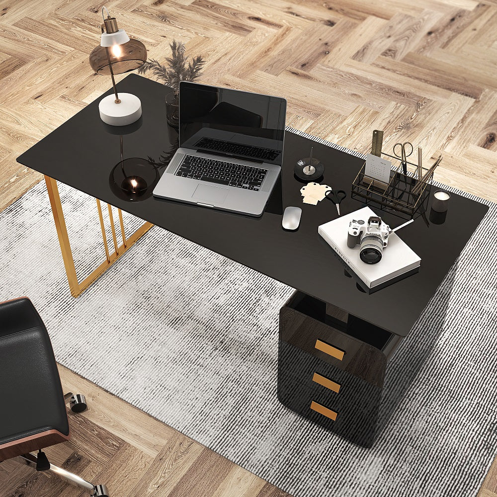 1400mm Modern Black Office Desk with Drawers & Side Cabinet in Gold Base