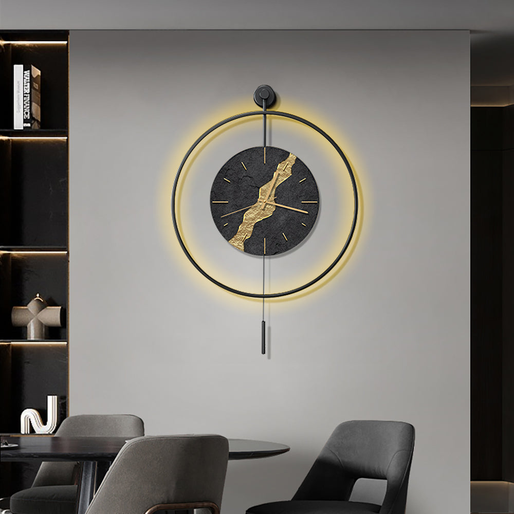 Black & Gold LED Light Pendulum Wall Clock Metal Wall Art Silent Wall Clock