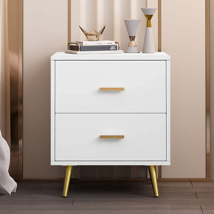 Modern Wood Bedside Table with Gold Legs 2-Drawer Nightstand in White