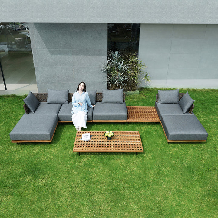 8 PCS L Shaped Outdoor Sectional Sofa Set with Coffee Table Modern Yard & Patio Furniture for 6 Person in Gray Cushion & Pillow Included