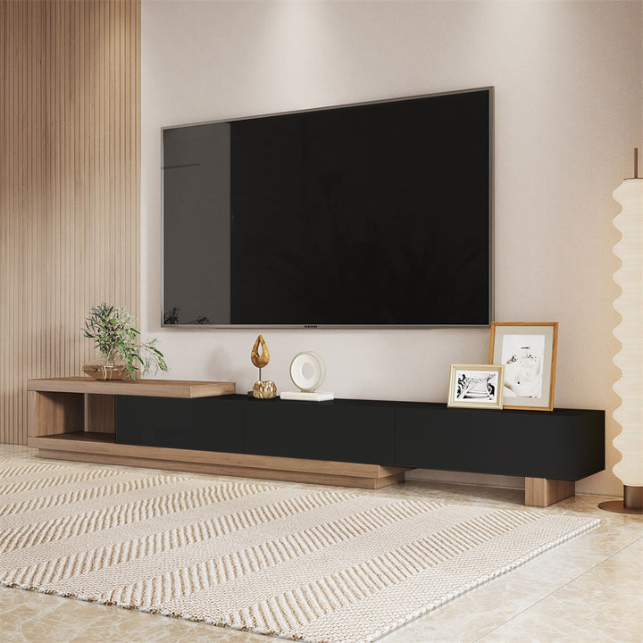 Homary Quoint 100.4" Modern Black TV Stand Retracted & Extendable 3-Drawer Media Console Walnut