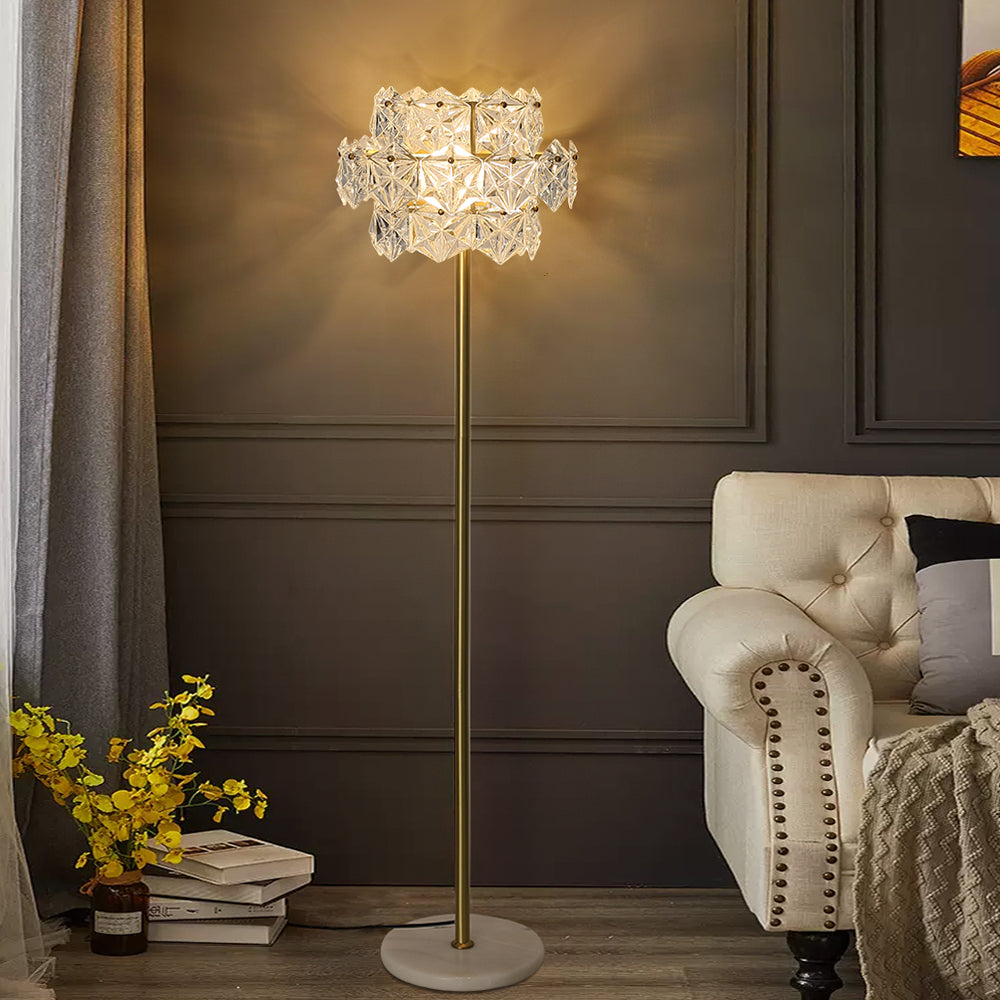 Glam 3-Light Gold Plug-in Brass Standing Floor Lamp with Marble Base for Living Room