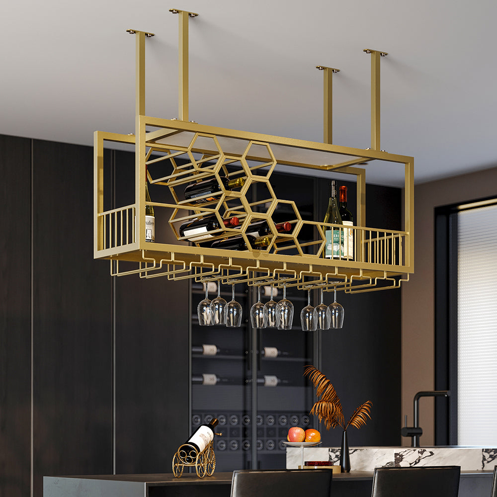 970mm Metal Hanging Wine Rack Golden Bar Shelf Floating Wine Glass Holder