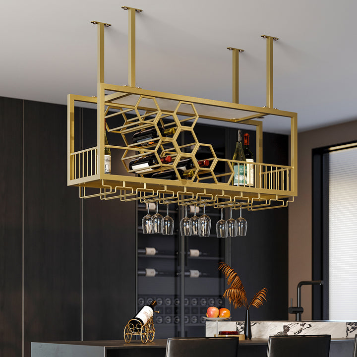 970mm Metal Hanging Wine Rack Golden Bar Shelf Floating Wine Glass Holder