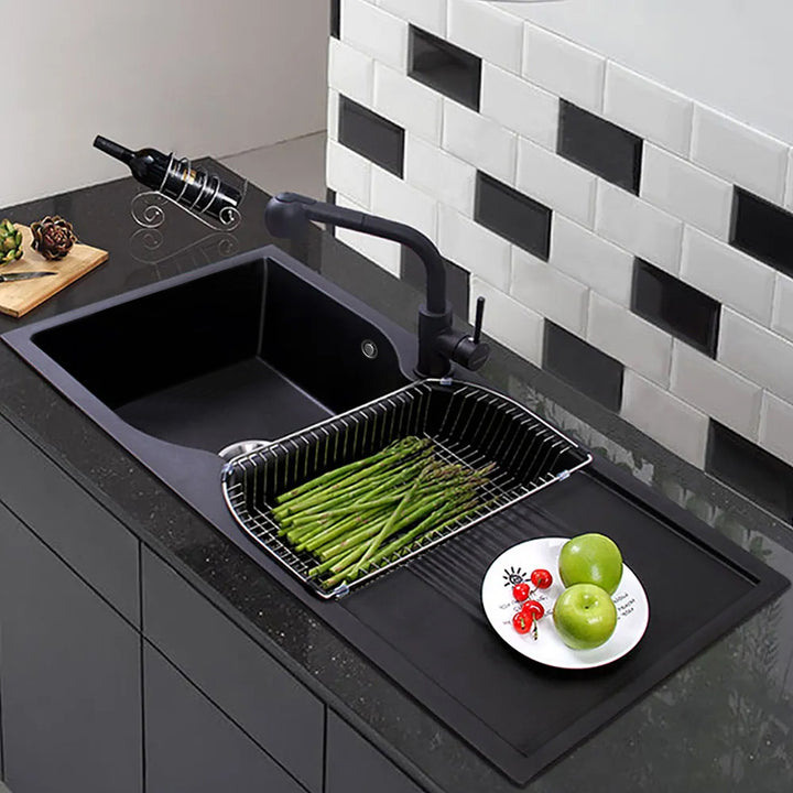 1140mm Black Quartz Kitchen Sink Double Bowl Drop-In Sink with Drain Board