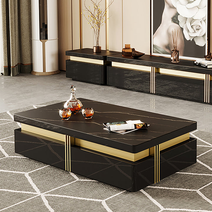 Trimied Modern Coffee Table with Storage in Black Center Table with Stainless Steel Base