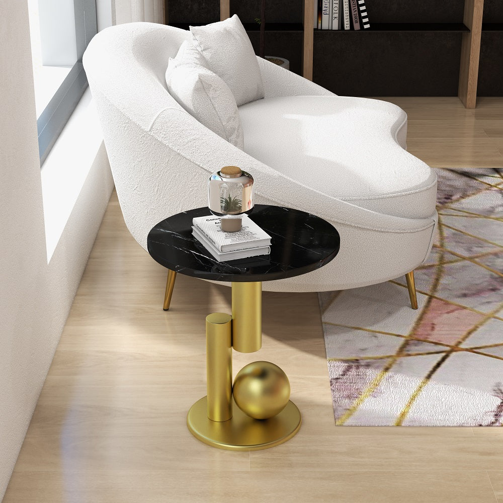 Modern Black End Table Round Marble Stone Top with Abstract Metal Base