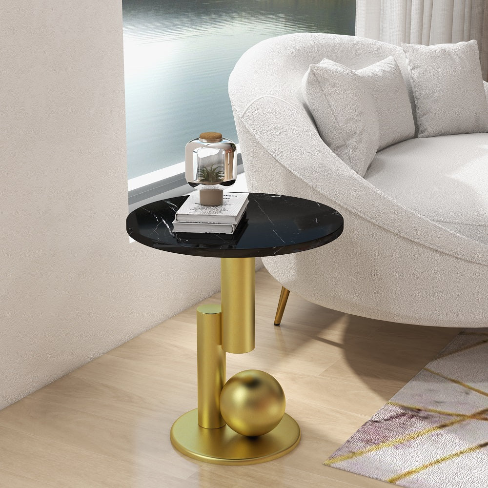 Modern Black End Table Round Marble Stone Top with Abstract Metal Base