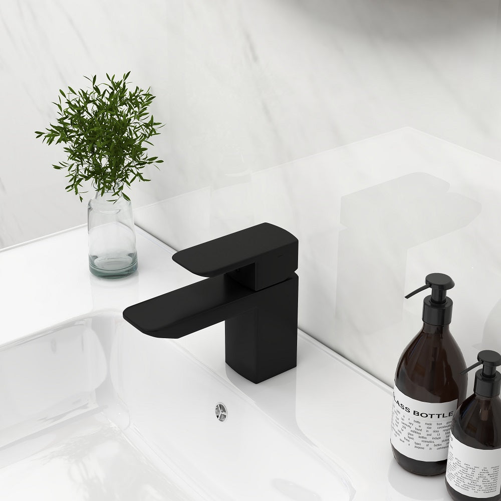 Stylish Minimalist Monobloc Lever Handle Waterfall Bathroom Basin Tap in Matte Black