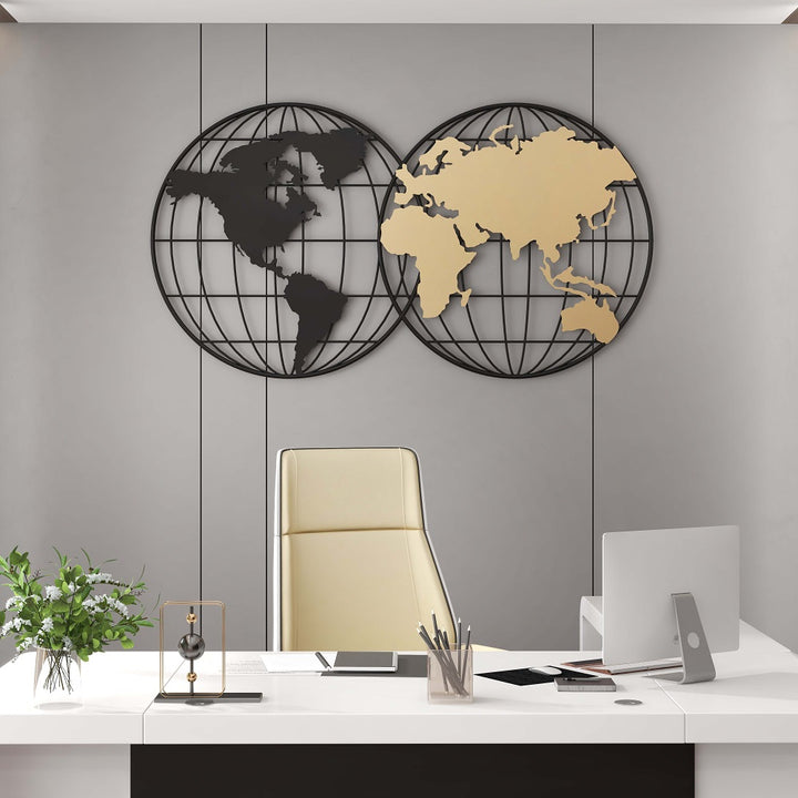 1105mm Modern Geometry World Map Wall Decor with Metal Round Frame in Black & Gold