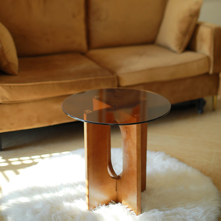 Tea Tempered Glass End Table Solid Wood Side Table