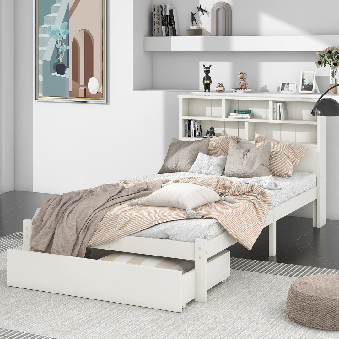 Single Wooden Storage Bed with Built-in Shelves