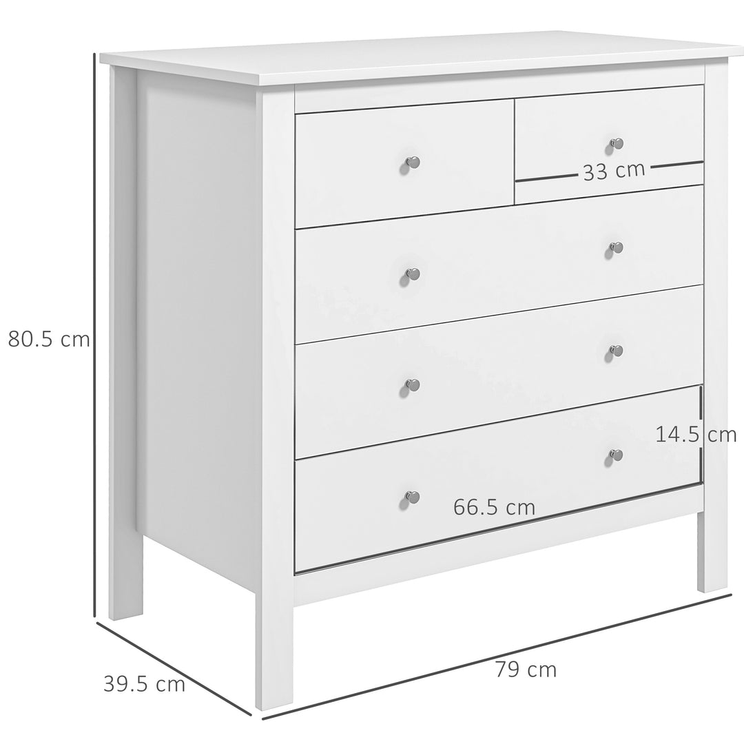 HOMCOM White Storage Cabinet with 5 Drawers, Chest of Drawers with Metal Handles and Runners for Bedroom Living room, Nursery, Closet Aosom UK