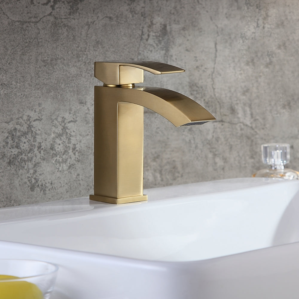 Ridge Contemporary Style Brushed Gold Single Hole Deck Mounted Bathroom Sink Faucet