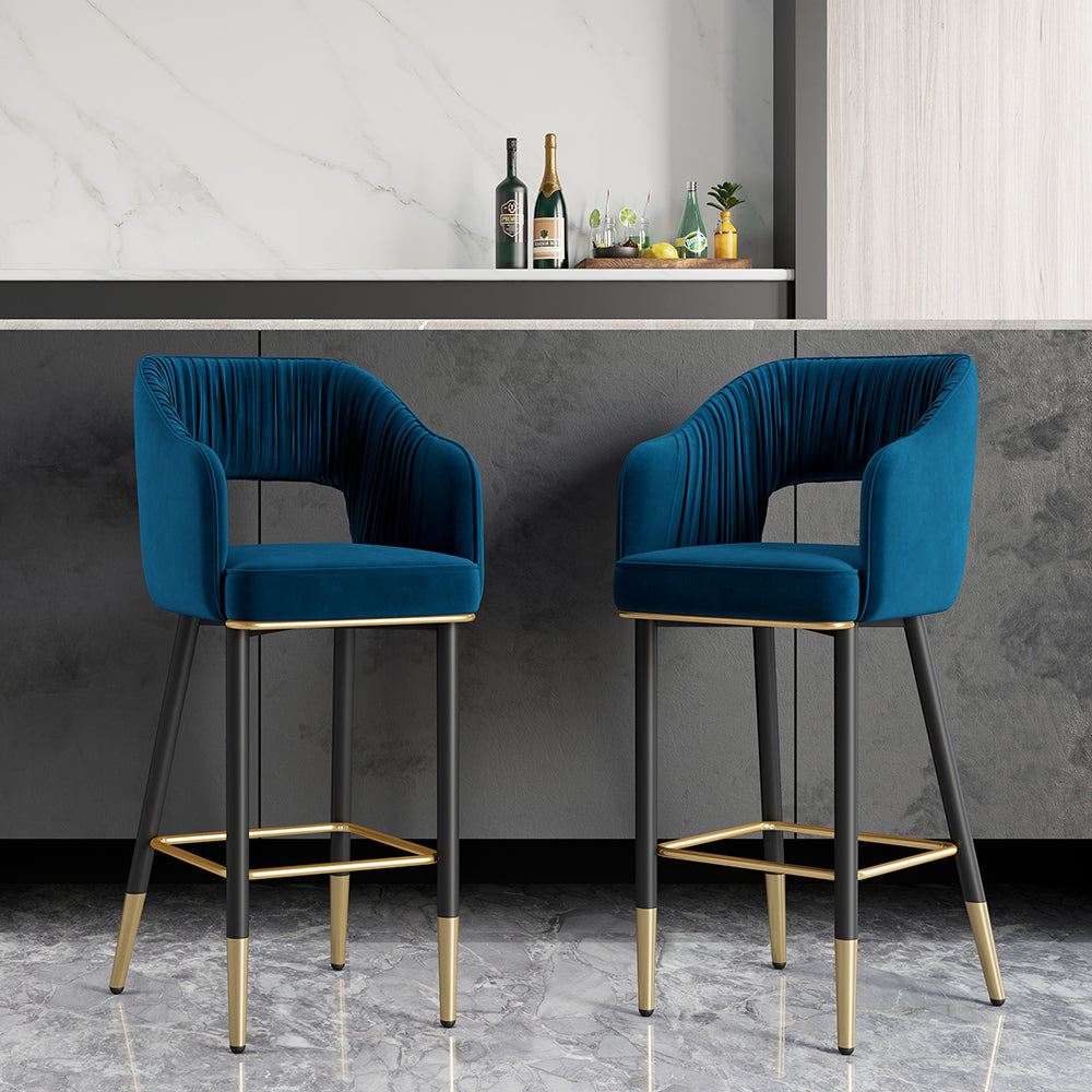 Modern Blue Velvet Counter Height Breakfast Bar Stool with Back & Metal Footrest