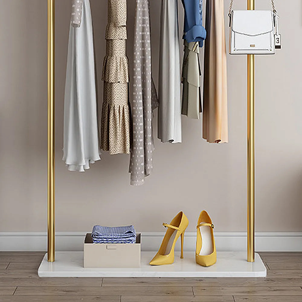 Metal Clothing Stand Freestanding Cloth Rail Stand with Hooks & Marble Base in Gold