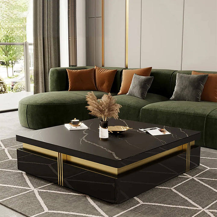 Trimied 1100mm Modern Black Square Storage Coffee Table Stone Top & 4 Wood Drawers