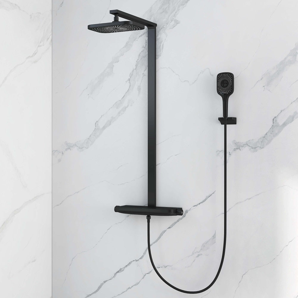 Black Exposed Rainfall Shower Mixer Tap with Handshower & Stone Rack Solid Brass