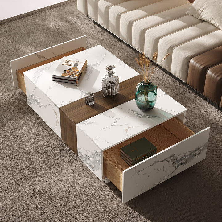 Homary Vewal Wood Block Coffee Table Marble & Walnut Veneer in White with 2 Drawers