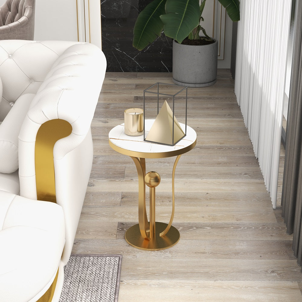 450mm White Round End Table Modern Side Table with Stream-Lined Metal Pedestal