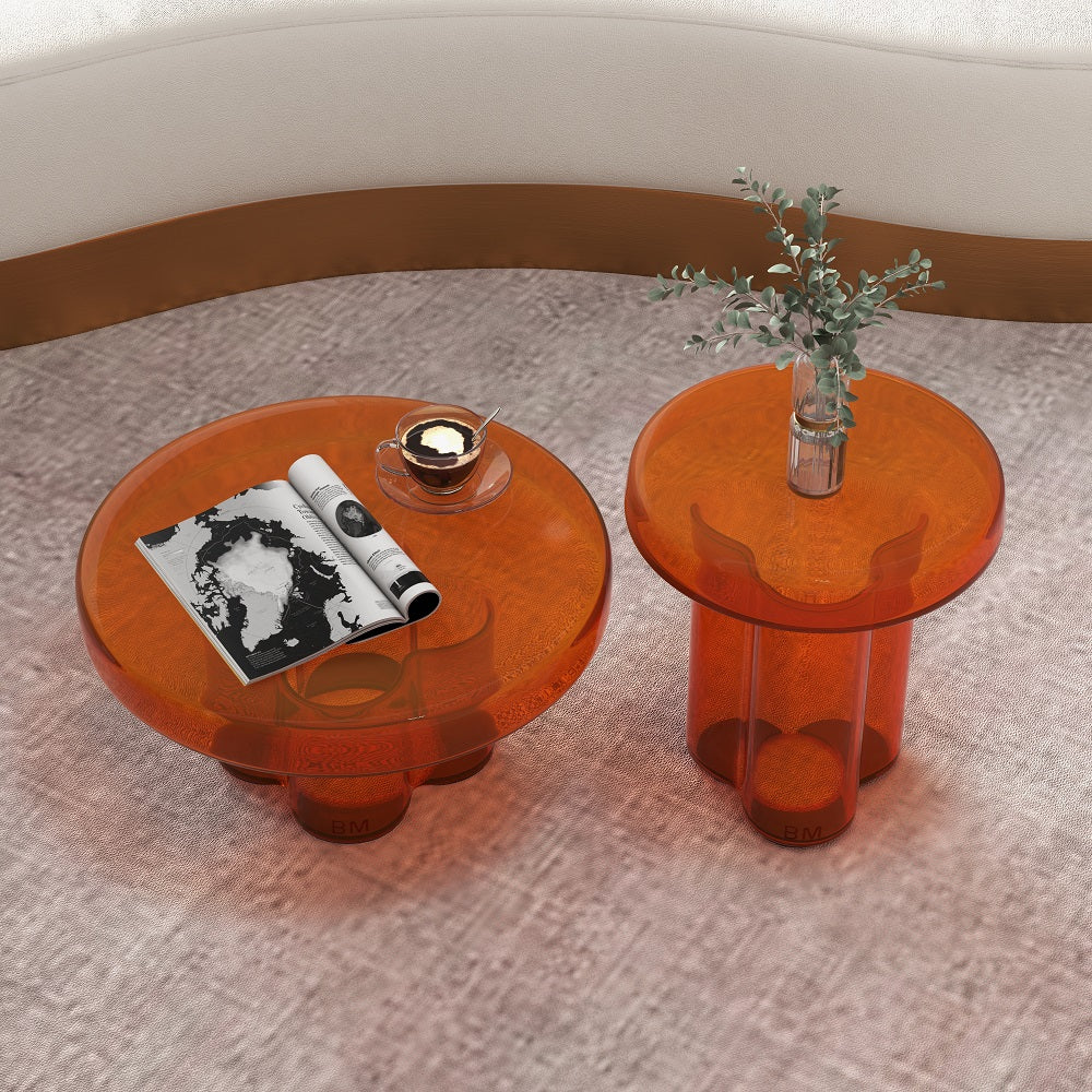 Modern Glass Coffee Table Set 2-Piece Cloud-Shaped in Orange