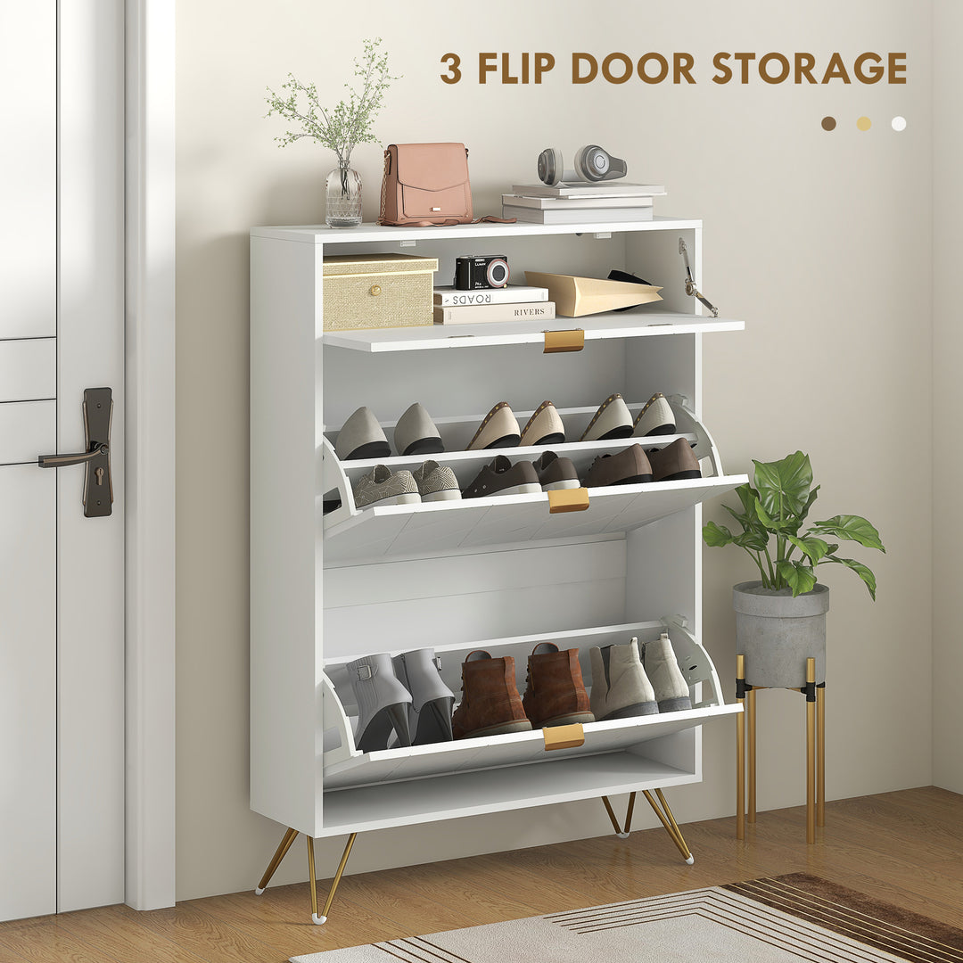 Two Flip Drawer Narrow Shoe Cabinet - White