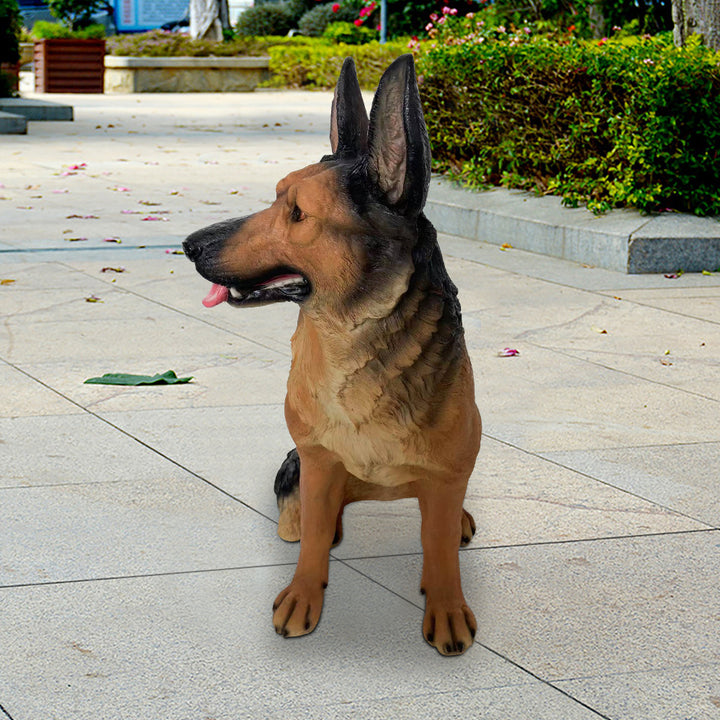 Outdoor German Shepherd Statue Garden Sculpture Resin Dog Floor Decor in Black & Brown