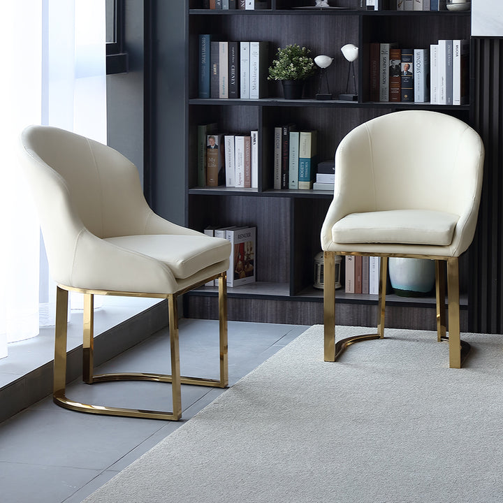 Off White Dining Chair Faux Leather Upholstered Side Chair Gold Frame Set of 2