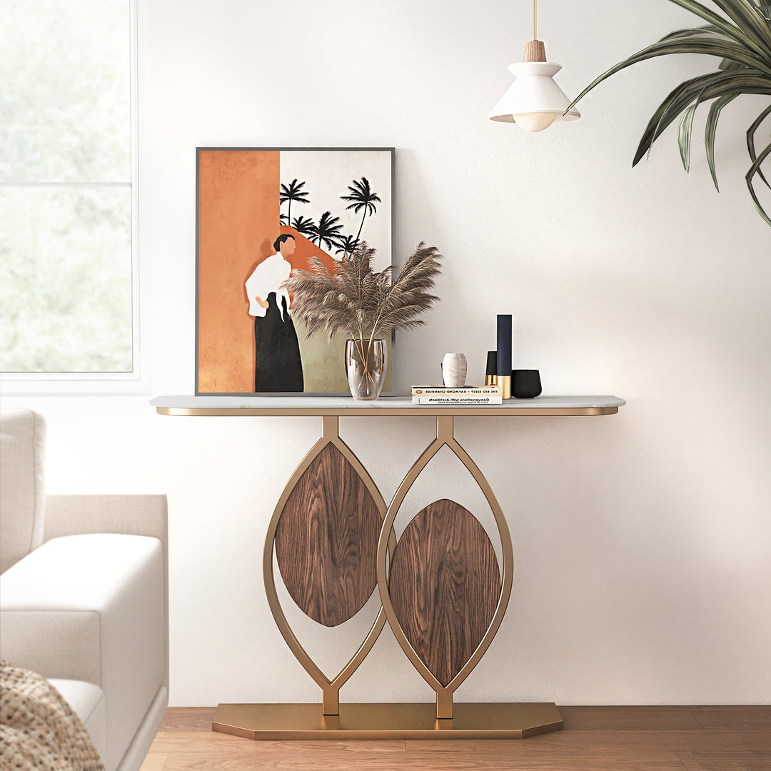 1000mm White Console Table Wooden Accent Table For Entryway with Sintered Stone Top & Abstract Base in Rose Gold & Walnut Finish