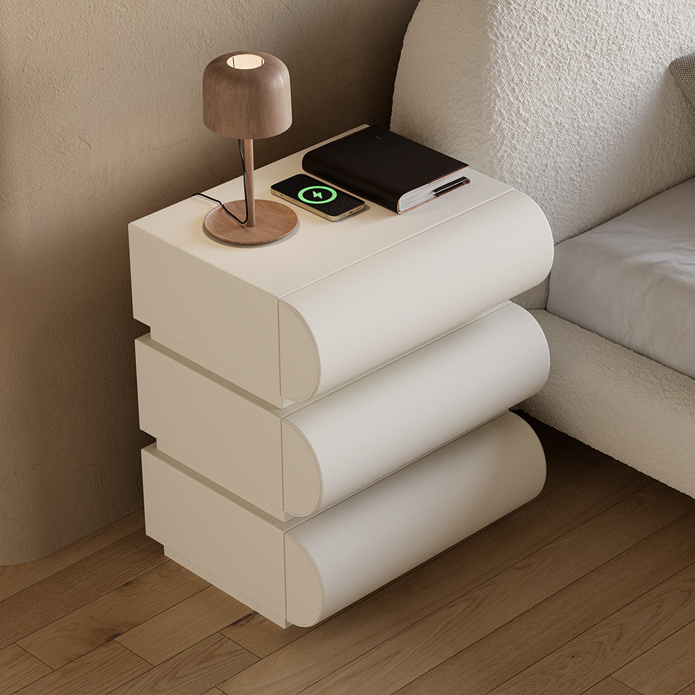 Modern White Leather Smart Nightstand with Wireless Charger 3 Drawers Bedside Table with USB & Type-C Ports