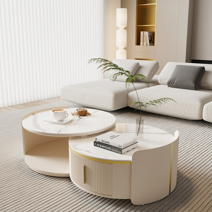 Round Modern Sintered Stone Top Nesting Coffee Table Fluted with Drawer in Off White & Gold