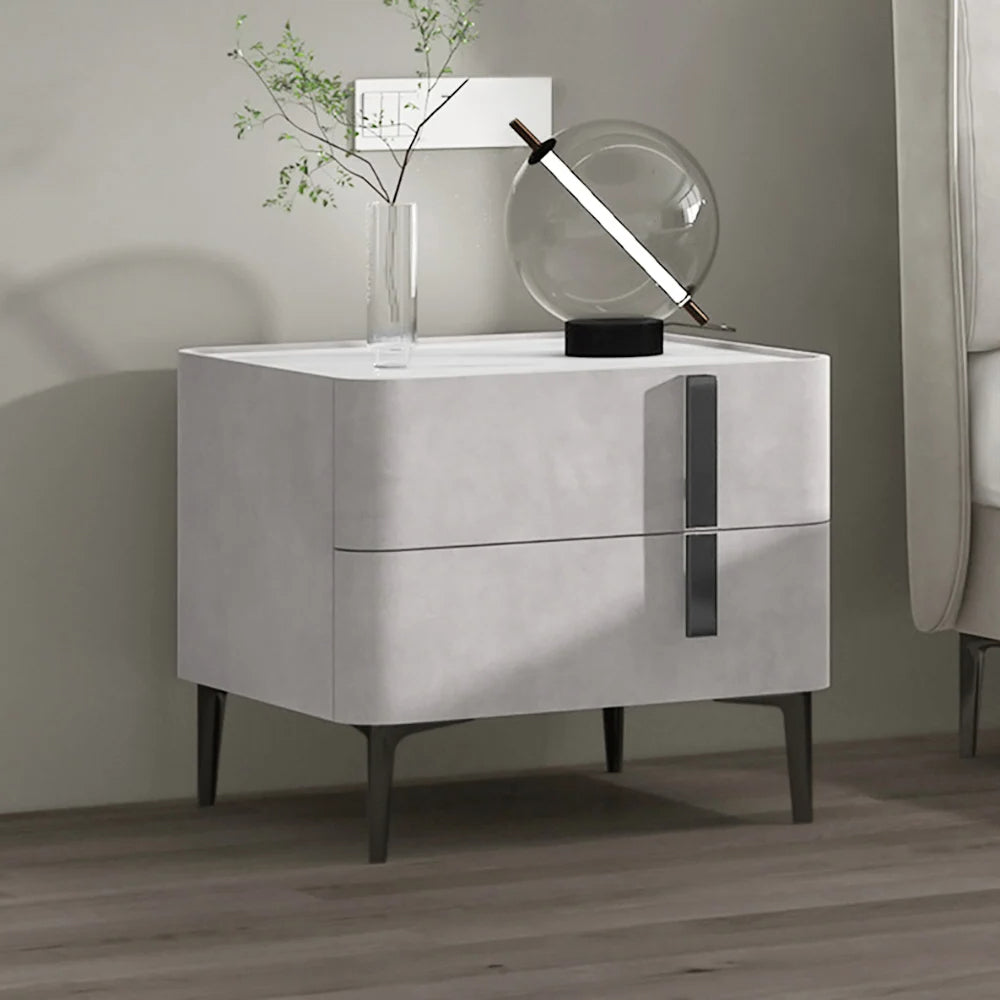 Modern White Bedside Table with 2 Drawers & Stone Top Bedroom Freestanding Nightstand