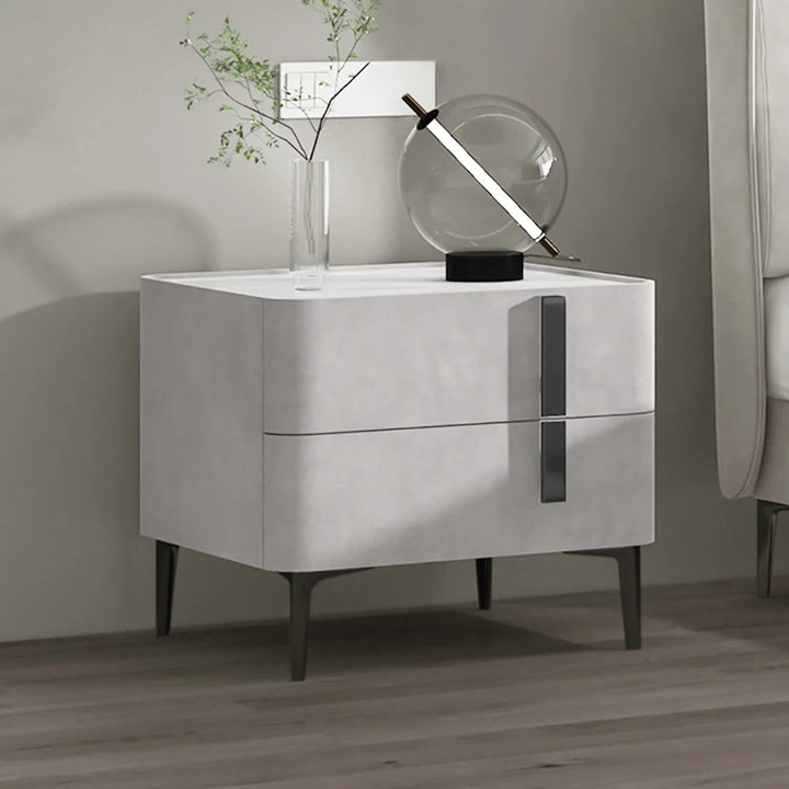 Modern White Bedside Table with 2 Drawers & Stone Top Bedroom Freestanding Nightstand