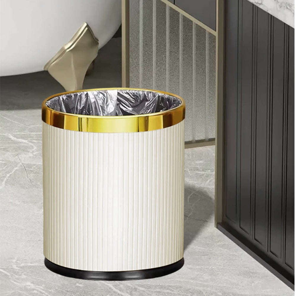 Gold & White Round Rubbish Bin Open Top PU Leather & Metal Garbage Can for Bathroom