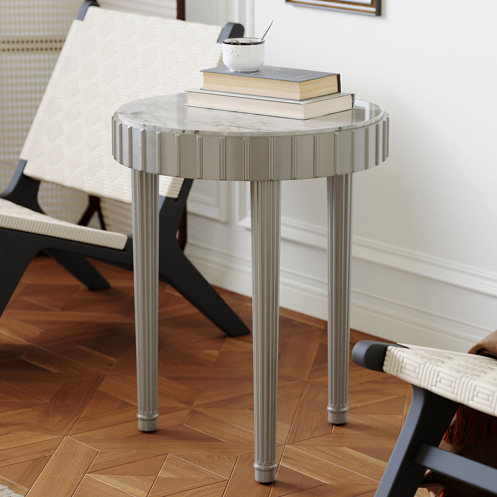 French Fluted Side Table with Faux Marble Top End Table with 3 Wooden Legs