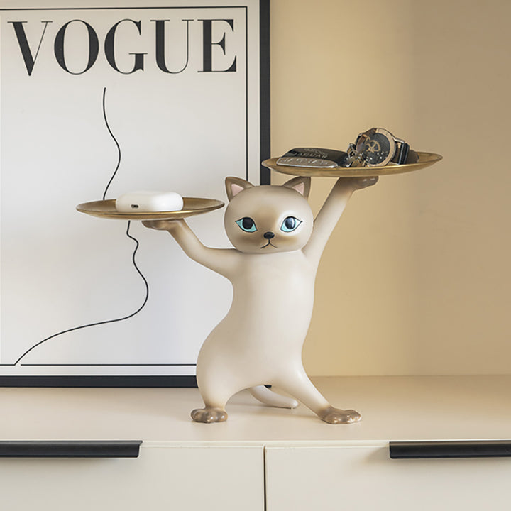 Modern Cat Resin Figurine with Gold Desk Storage Tray