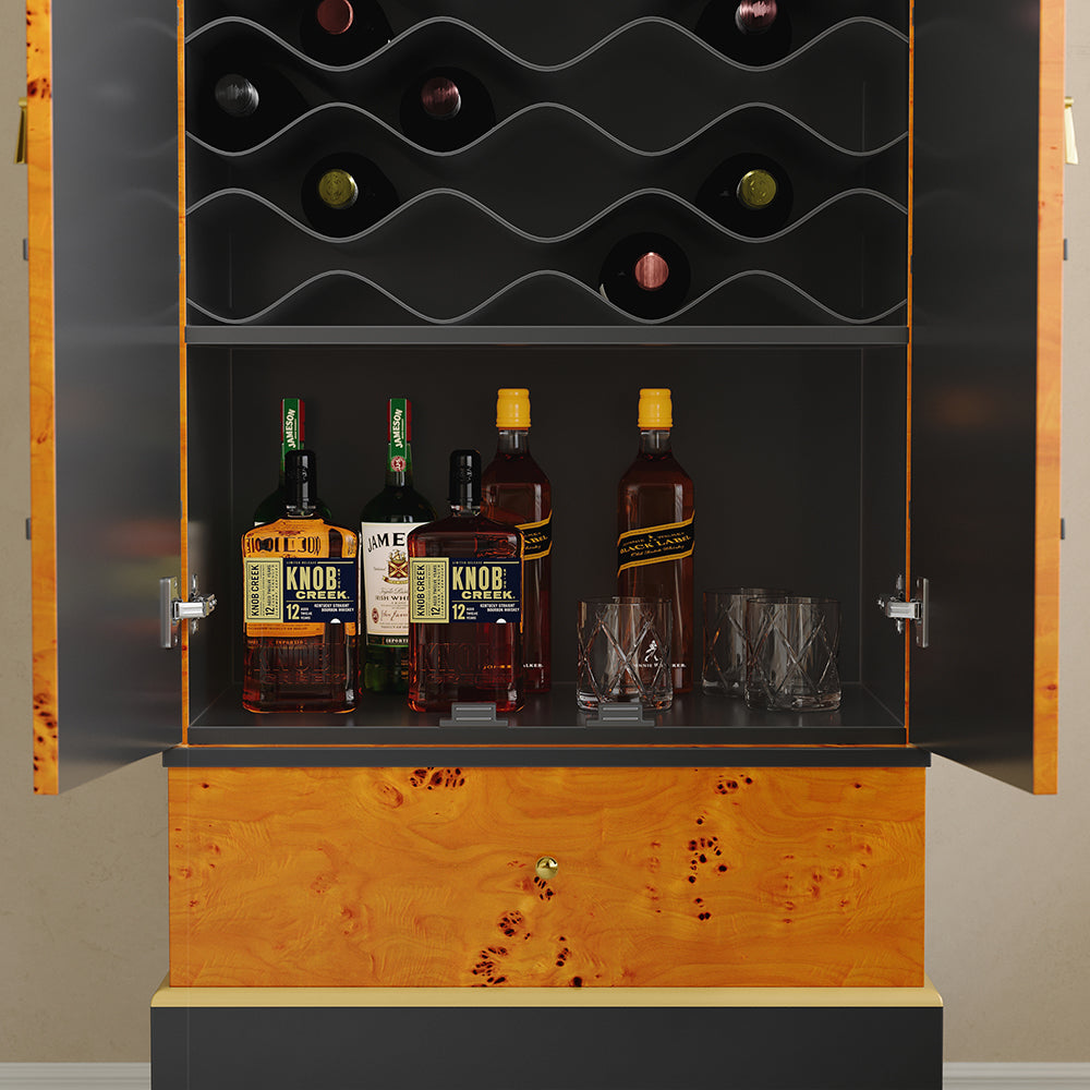 Rustic Burlwood Bar Cabinet with Glass&Bottle Holder Home Bar Cabinet