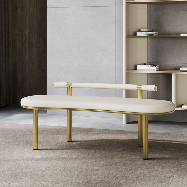 Curvice Off-White Curved Dining Bench with Back Faux Leather Stainless Steel in Gold