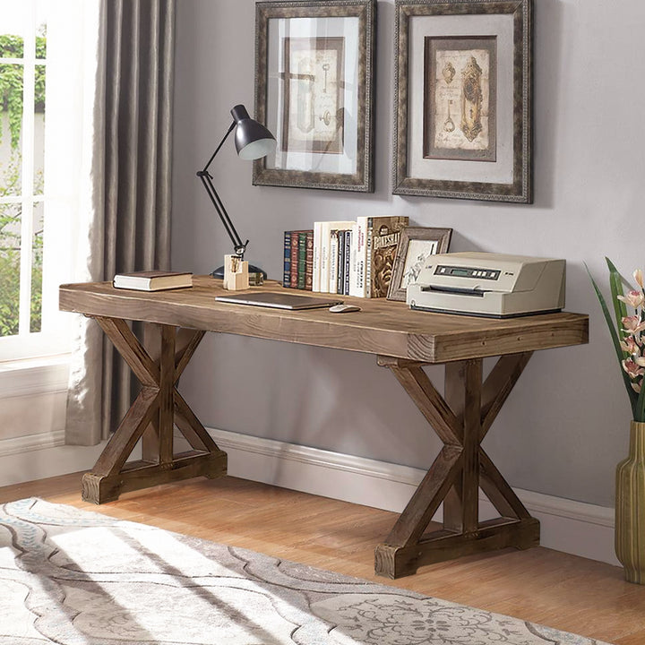 Vintage Style Pine wood Office Writing Desk with Trestle Leg in Natural Farmhouse Home Office Furniture Rectangular (1200mm)