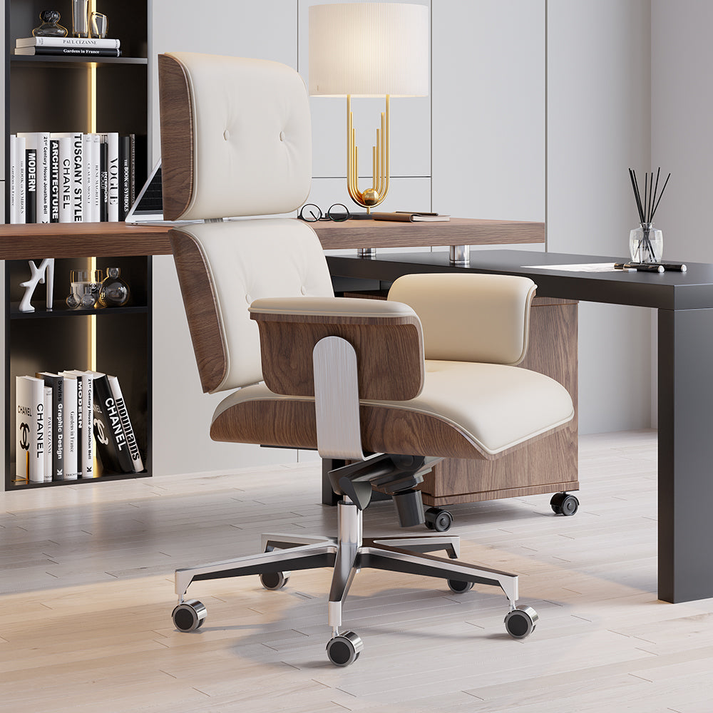 Modern Off White Home Office Chair Upholstered Swivel Task Office Chair High Back