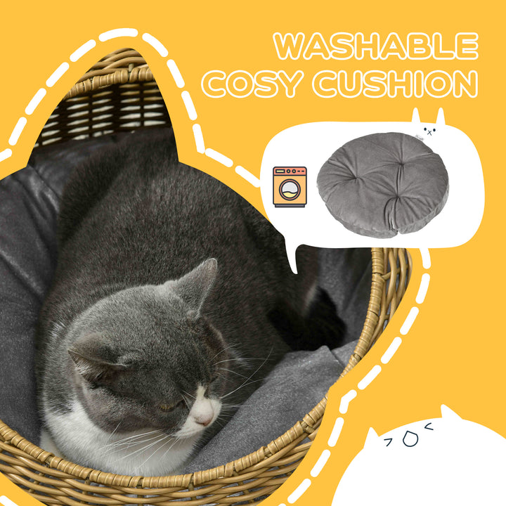 Wicker Cat House with Washable Cushion for Indoor Cats