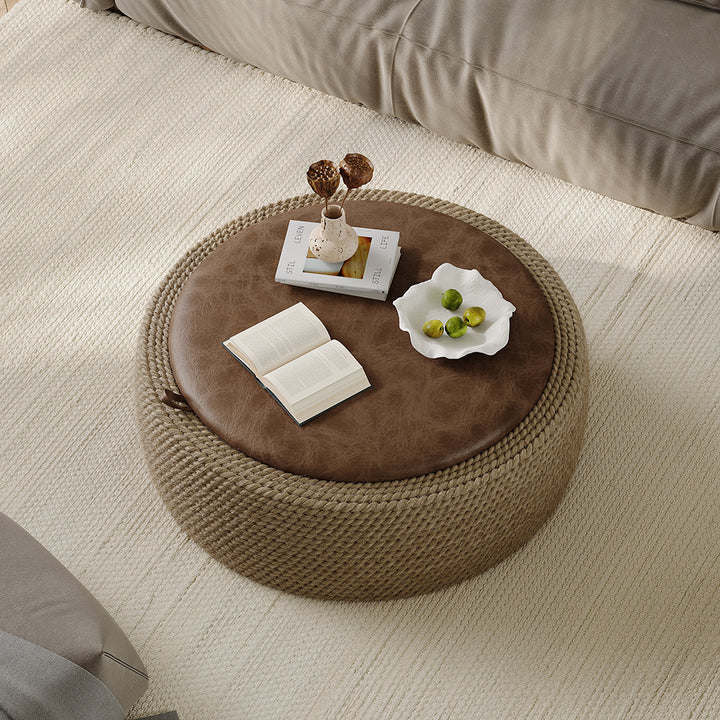 Coastal Round Woven Rope Drum Coffee Table in Brown with Storage