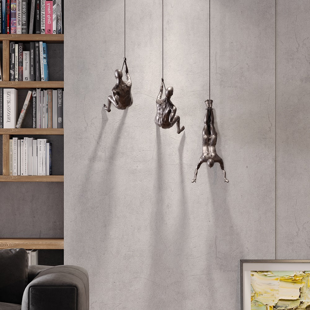 Industrial 3 Pieces Climbing Man Resin Wall Decor in Copper for Living Room & Entryway