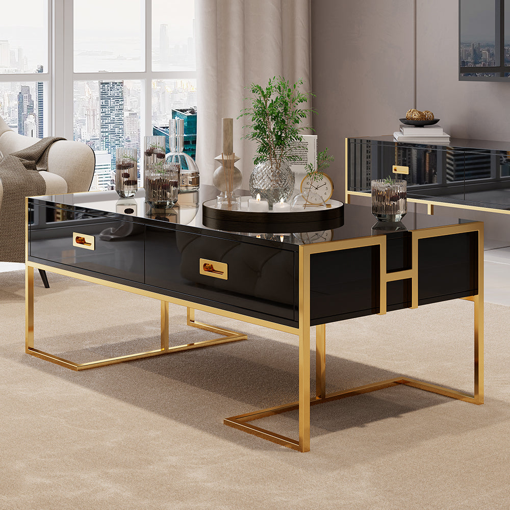 Jocise Contemporary Black Rectangular Coffee Table with Drawers Lacquer Gold Base